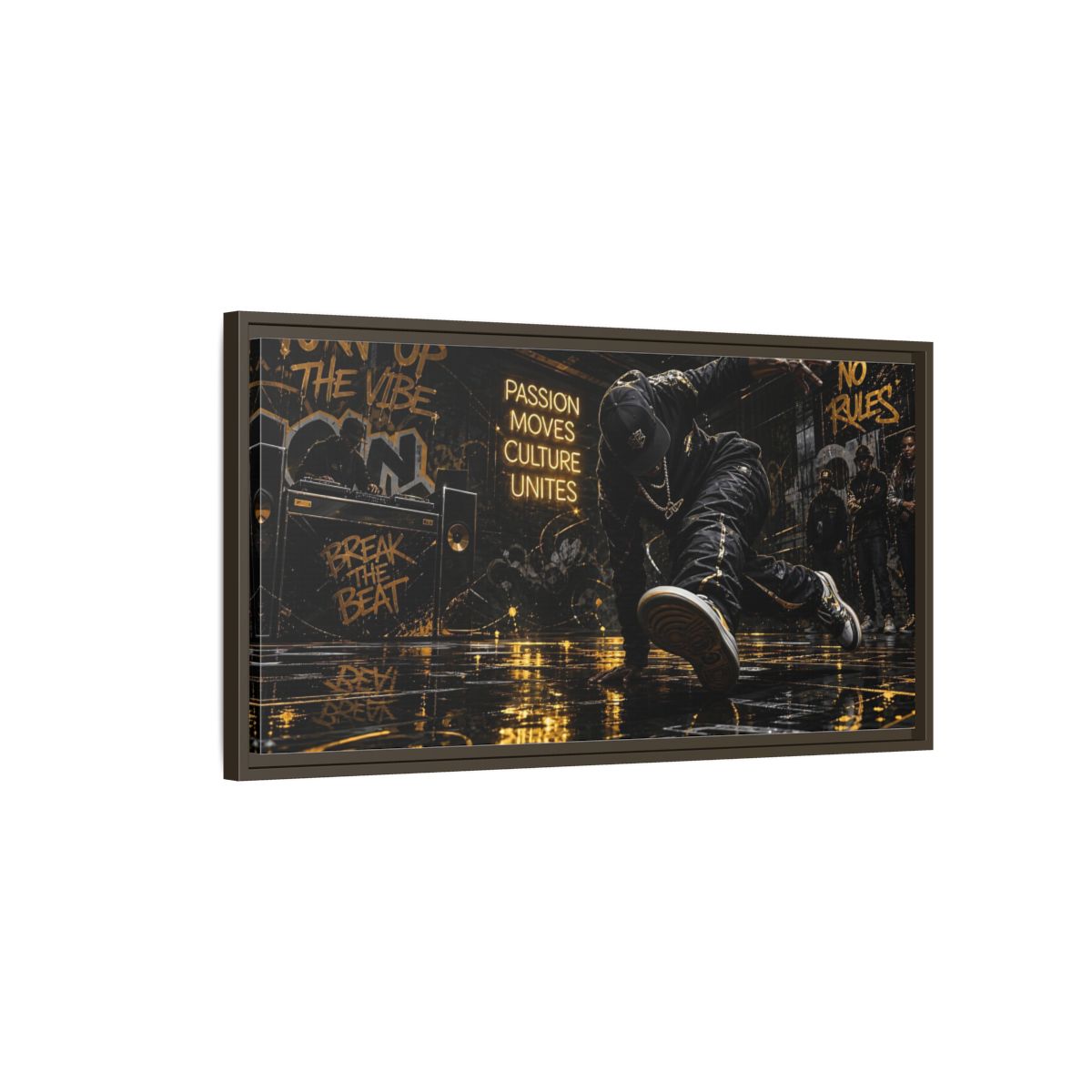 Main Mockup. Golden Breakdance Beat shown as framed canvas print