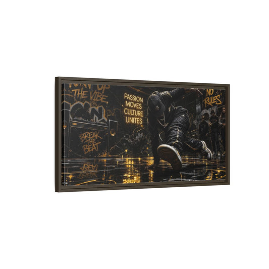 Main Mockup. Golden Breakdance Beat shown as framed canvas print