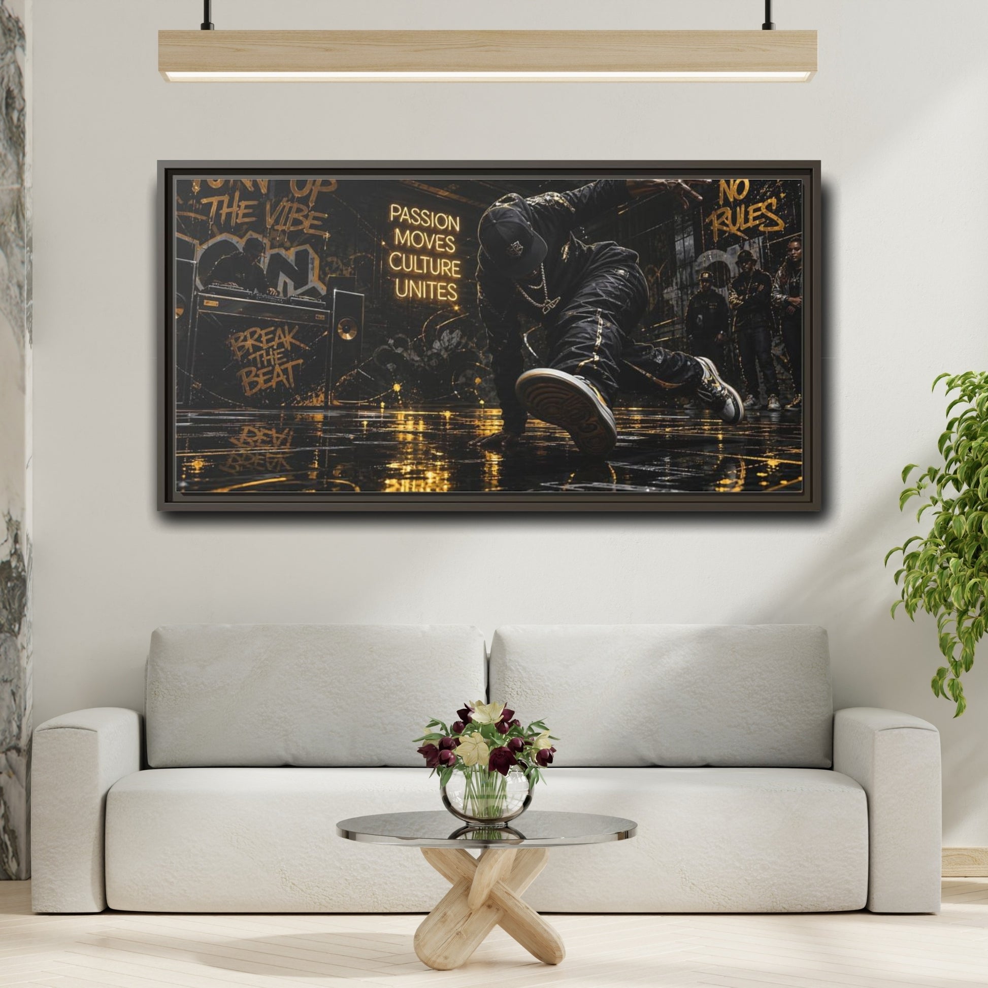 Mockup 2. Golden Breakdance Beat shown as framed canvas print