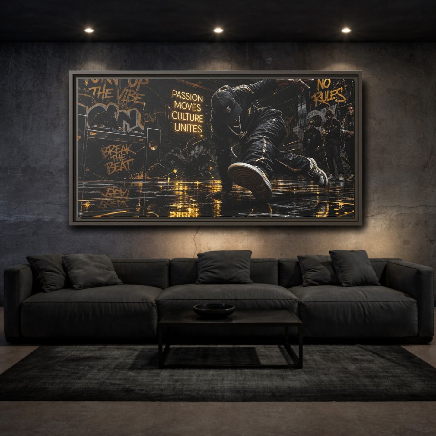 Mockup 3. Golden Breakdance Beat shown as framed canvas print