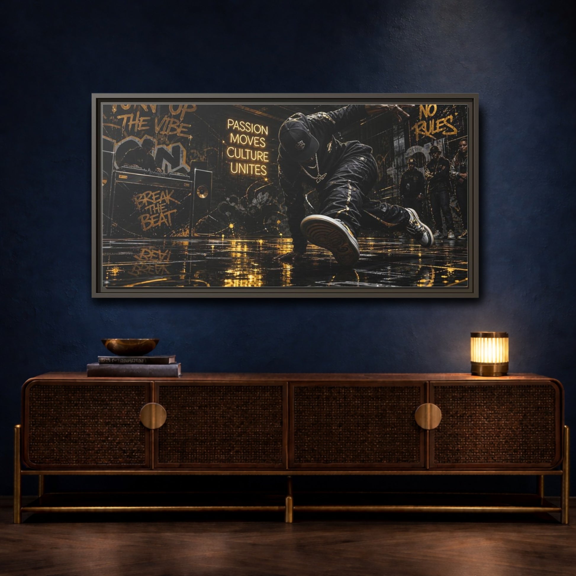 Mockup 4. Golden Breakdance Beat shown as framed canvas print