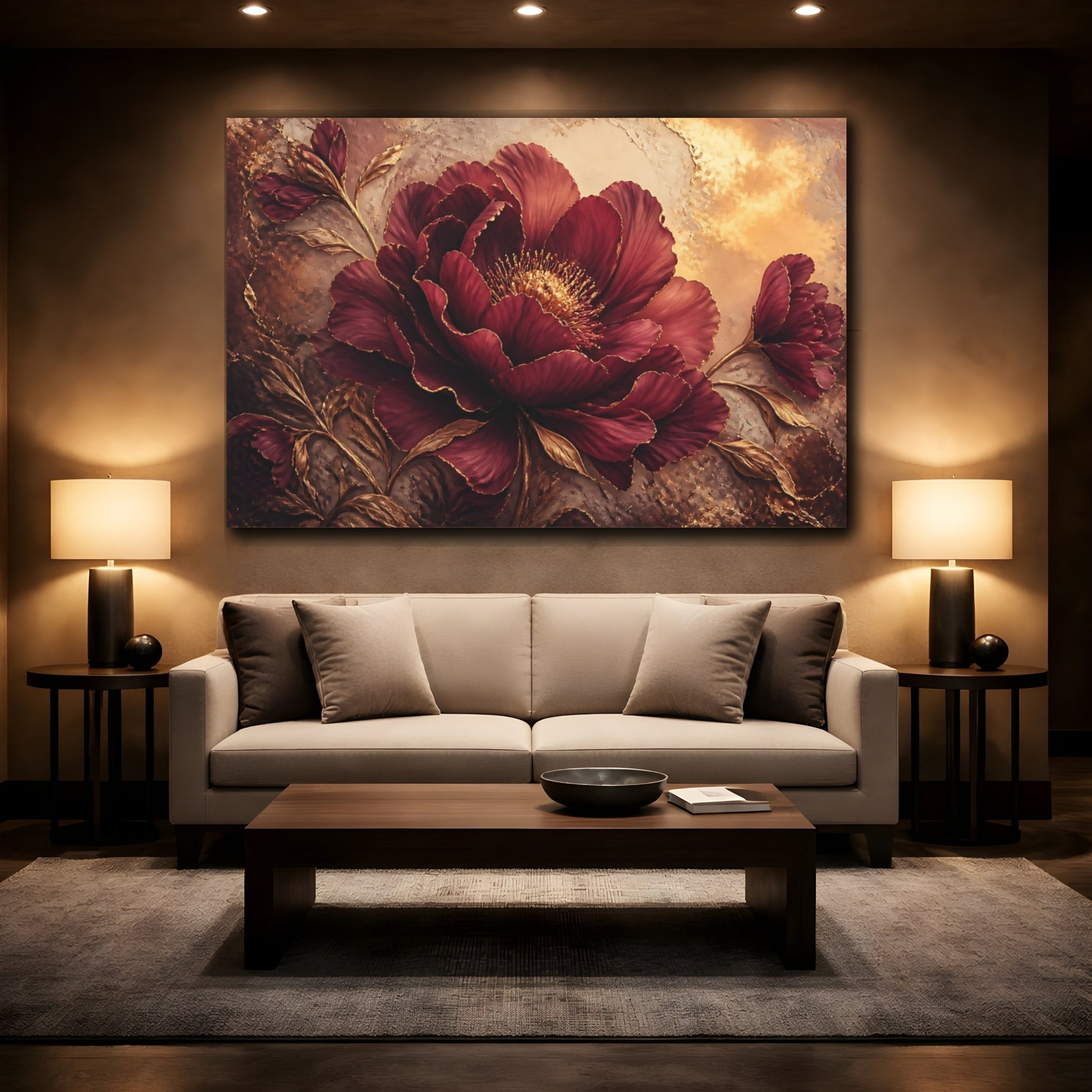 Mockup 2. Golden Burgundy Bloom shown as canvas print