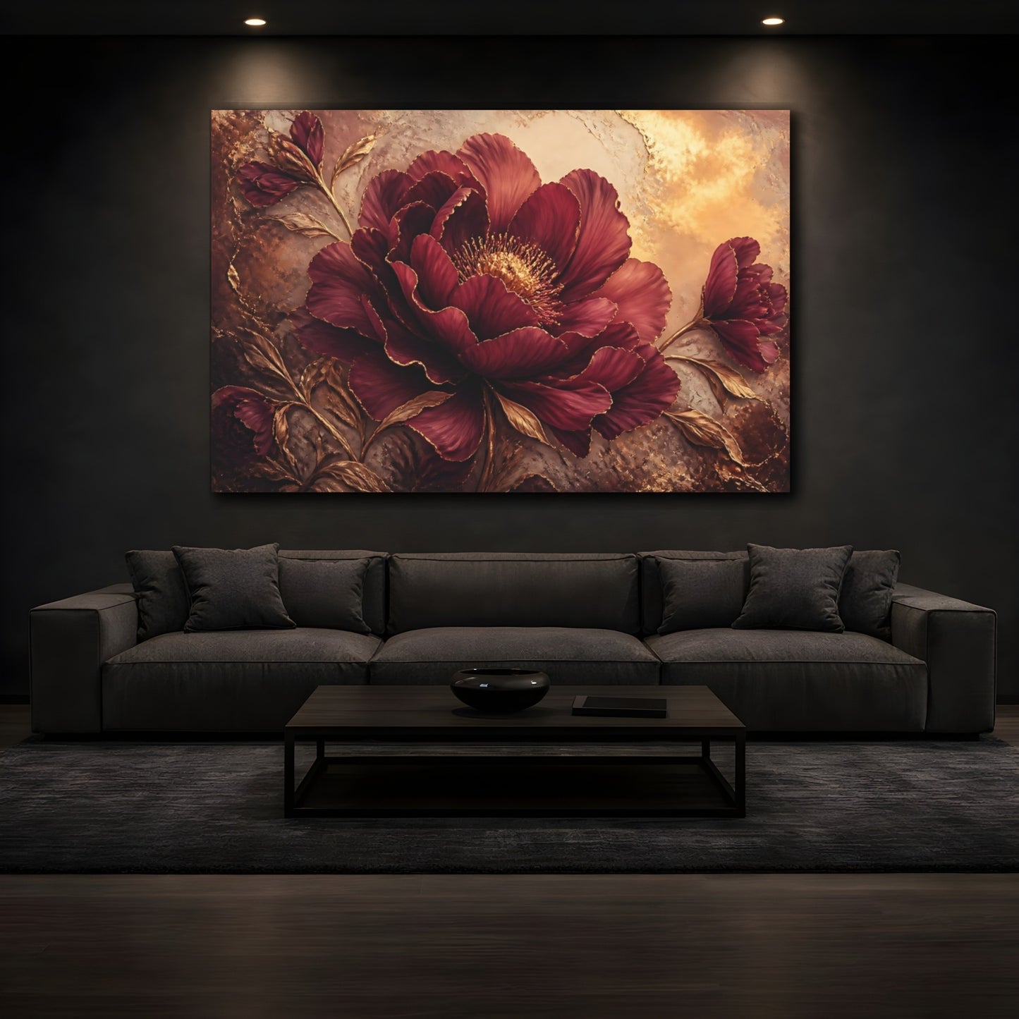 Mockup 3. Golden Burgundy Bloom shown as canvas print