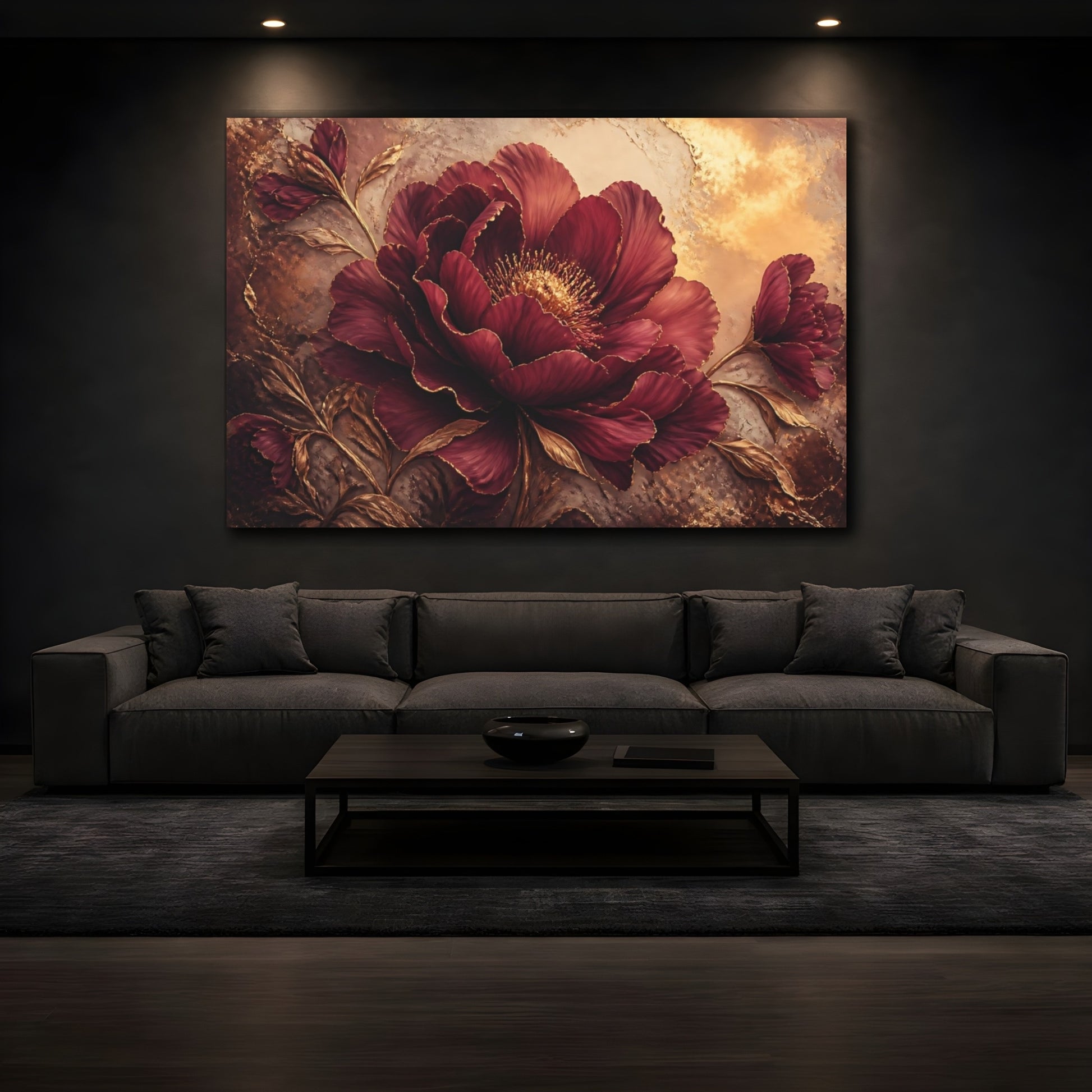 Mockup 3. Golden Burgundy Bloom shown as canvas print