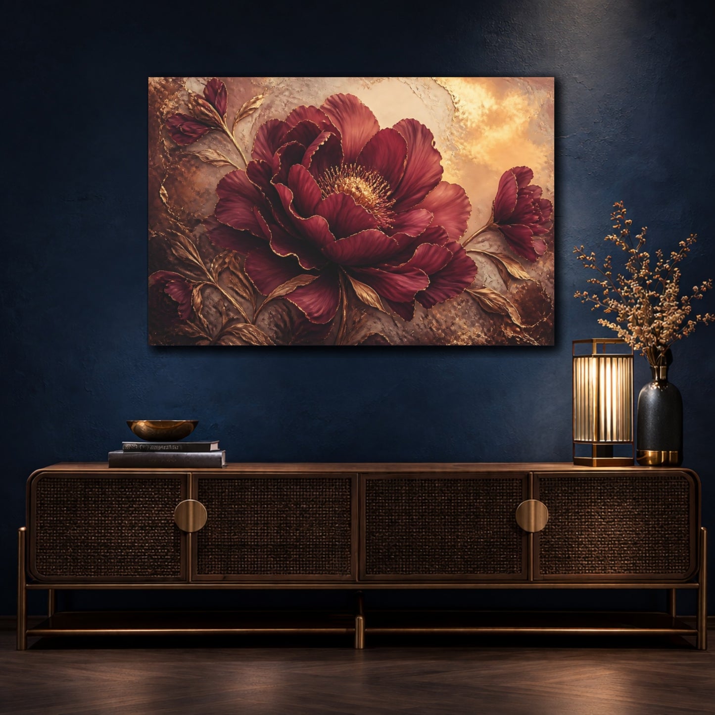 Mockup 4. Golden Burgundy Bloom shown as canvas print