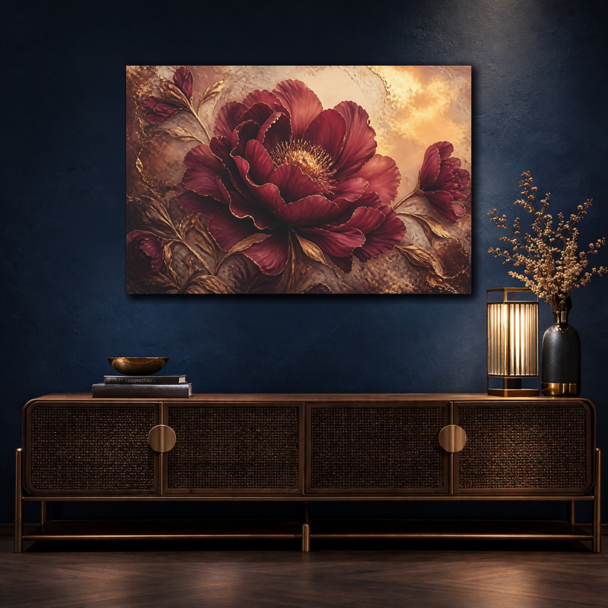 Mockup 4. Golden Burgundy Bloom shown as canvas print
