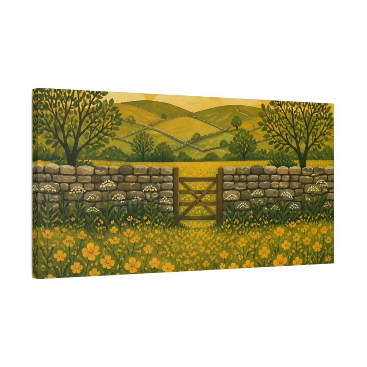Side Mockup 1. Golden Buttercup Meadow Gate shown as canvas print