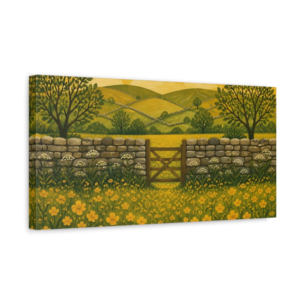 Side Mockup 3. Golden Buttercup Meadow Gate shown as canvas print