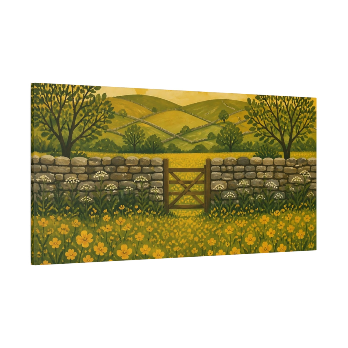 Side Mockup 2. Golden Buttercup Meadow Gate shown as canvas print
