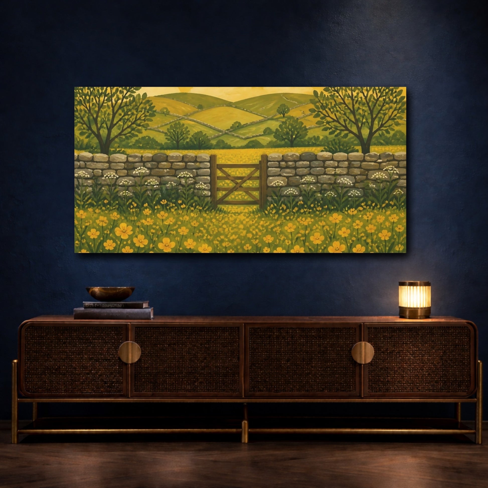 Mockup 4. Golden Buttercup Meadow Gate shown as canvas print