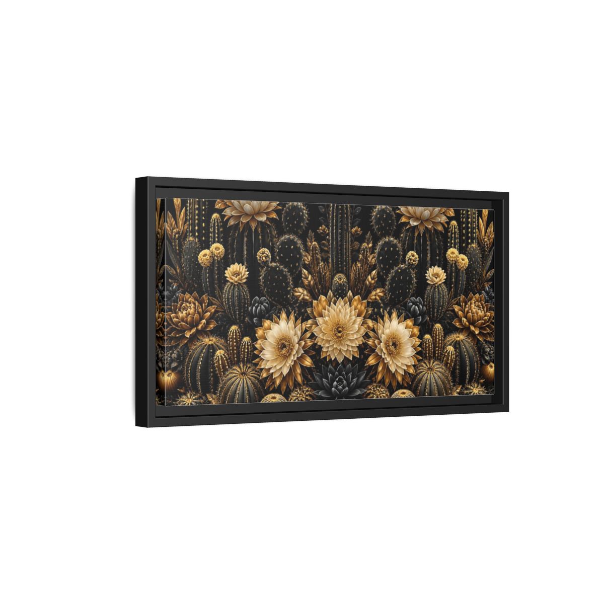 Side Mockup 8. Golden Cactus Garden shown as framed canvas print