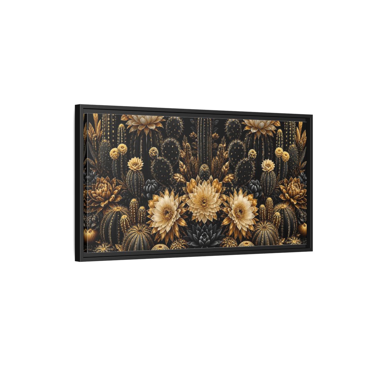 Side Mockup 2. Golden Cactus Garden shown as framed canvas print