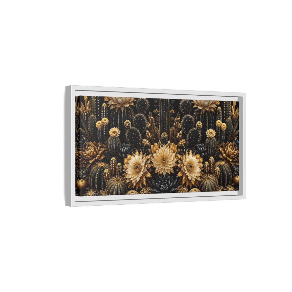 Side Mockup 6. Golden Cactus Garden shown as framed canvas print
