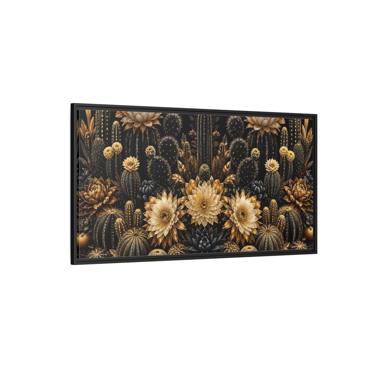 Side Mockup 5. Golden Cactus Garden shown as framed canvas print