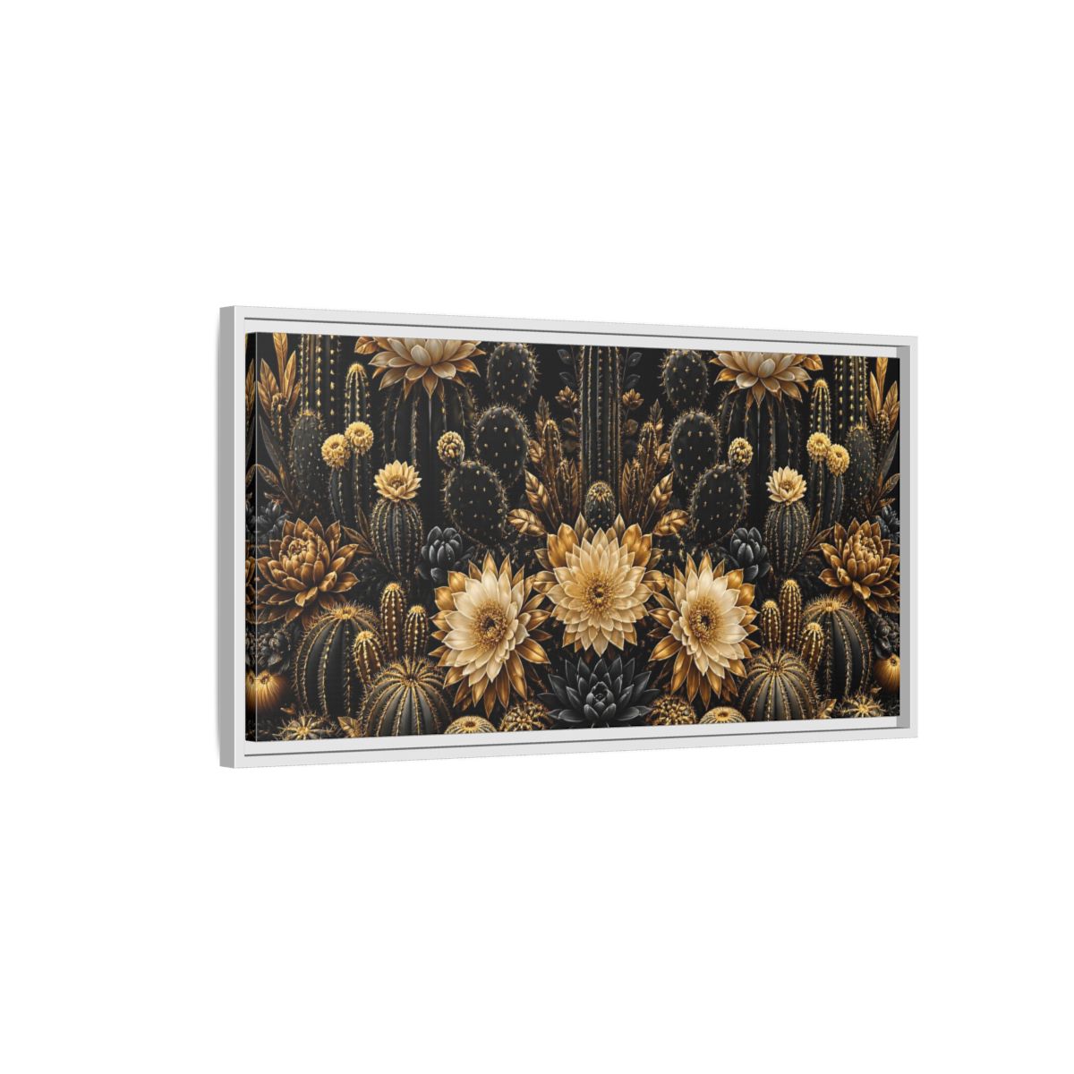 Side Mockup 1. Golden Cactus Garden shown as framed canvas print