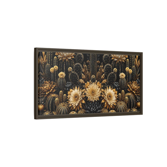 Main Mockup. Golden Cactus Garden shown as framed canvas print