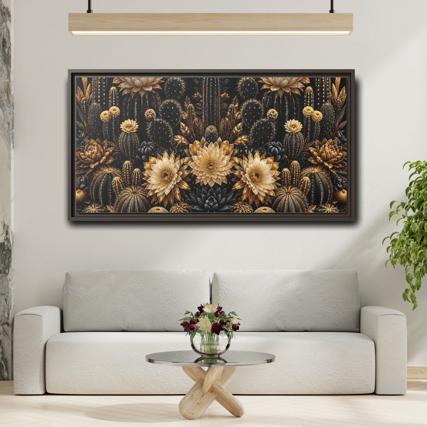Mockup 2. Golden Cactus Garden shown as framed canvas print