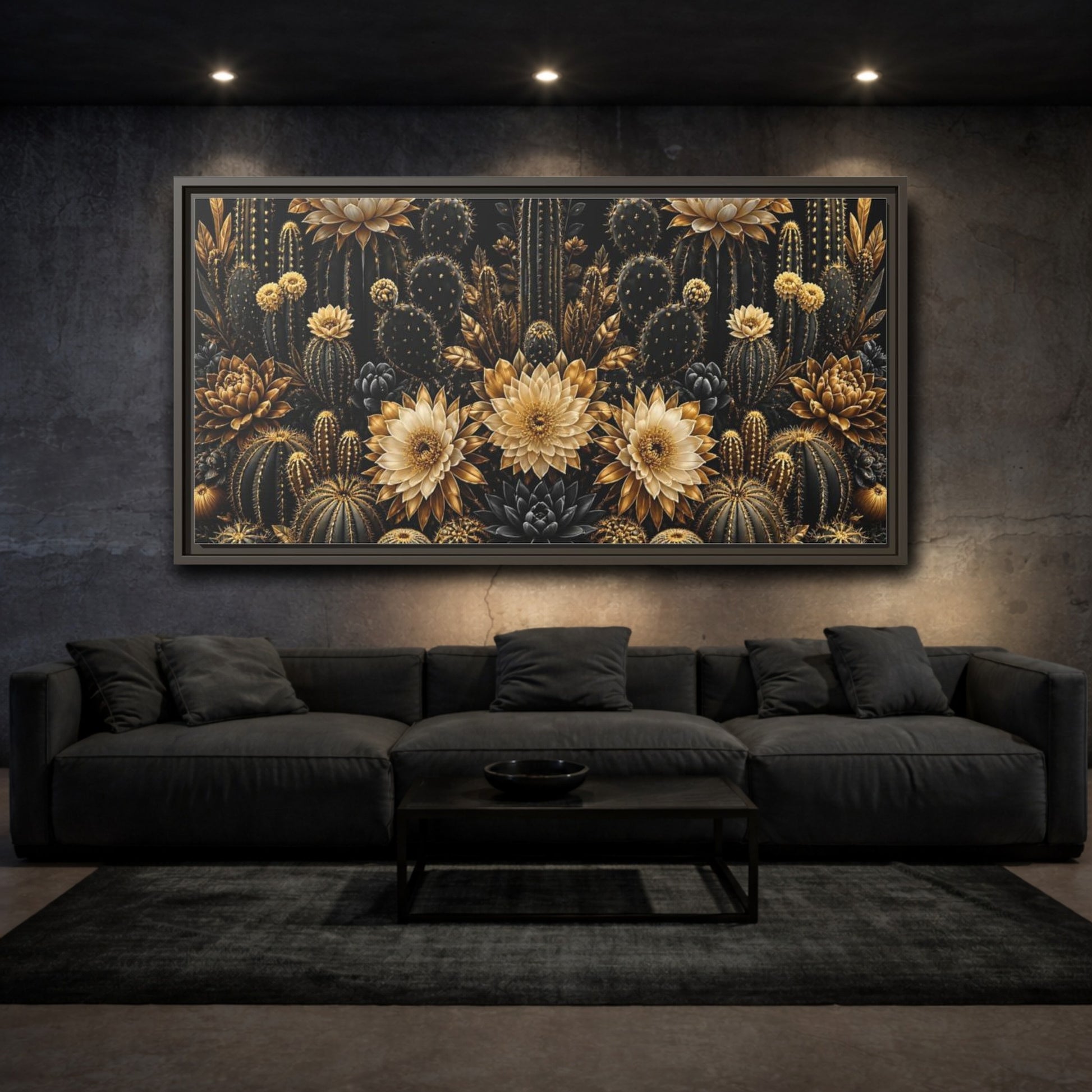 Mockup 3. Golden Cactus Garden shown as framed canvas print