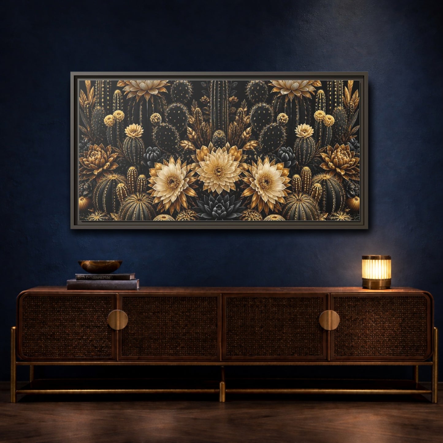 Mockup 4. Golden Cactus Garden shown as framed canvas print