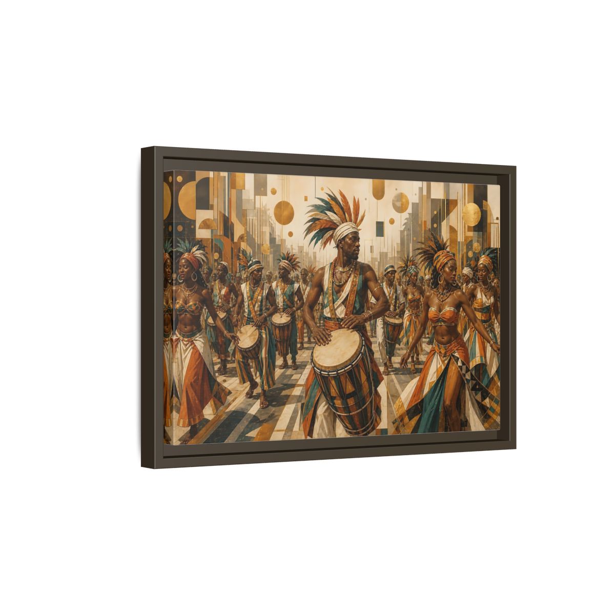 Side Mockup 5. Golden Carnival Drum Parade shown as framed canvas print
