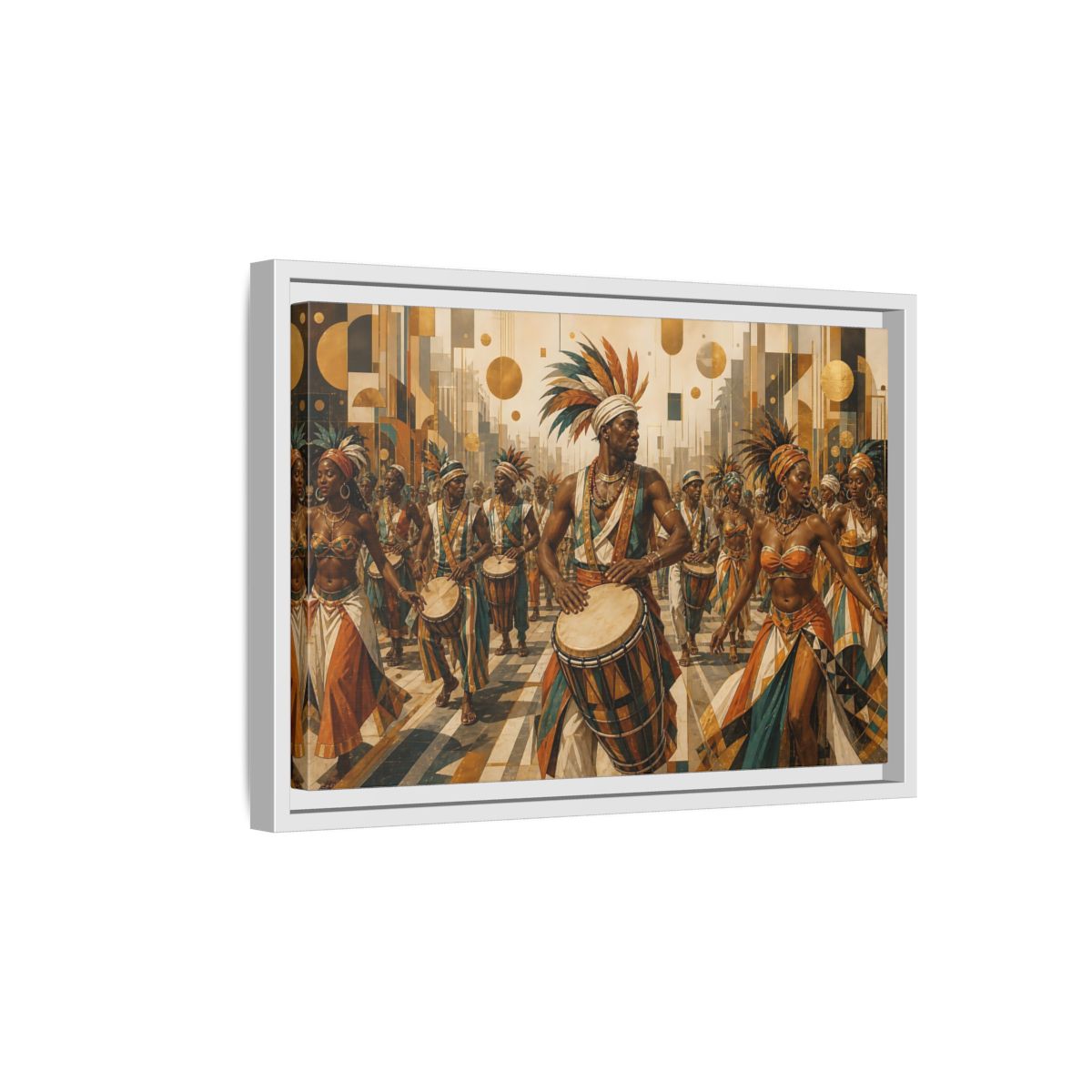 Side Mockup 4. Golden Carnival Drum Parade shown as framed canvas print