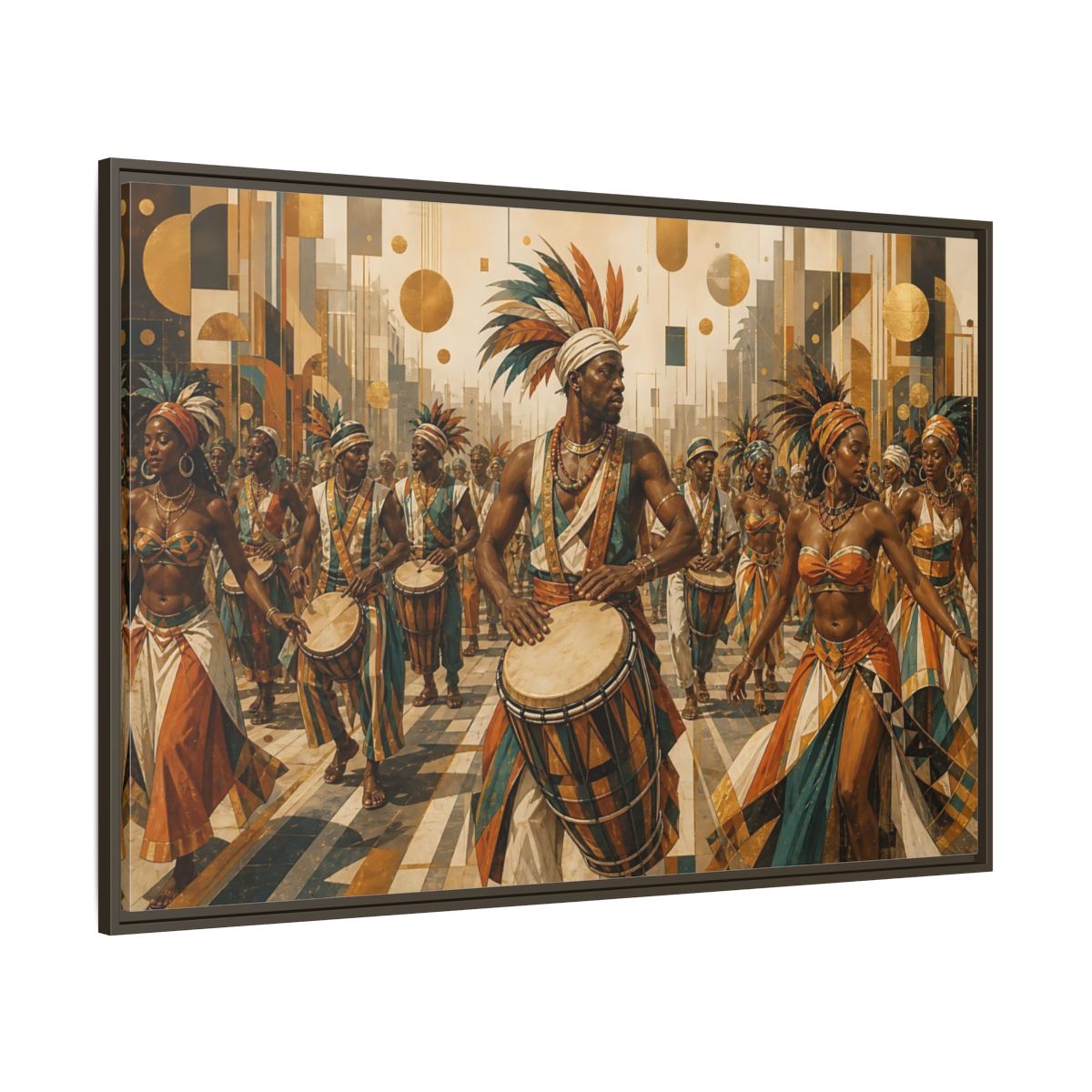 Side Mockup 8. Golden Carnival Drum Parade shown as framed canvas print