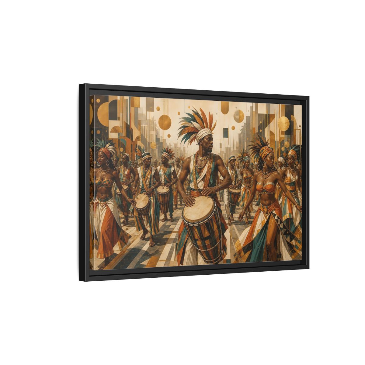 Side Mockup 3. Golden Carnival Drum Parade shown as framed canvas print