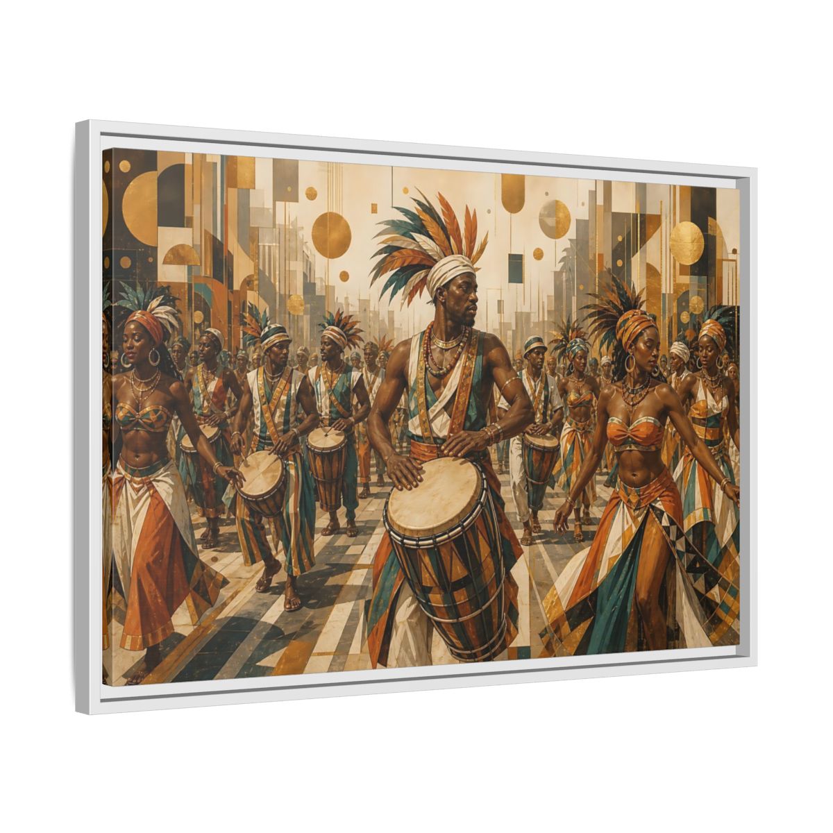 Side Mockup 10. Golden Carnival Drum Parade shown as framed canvas print