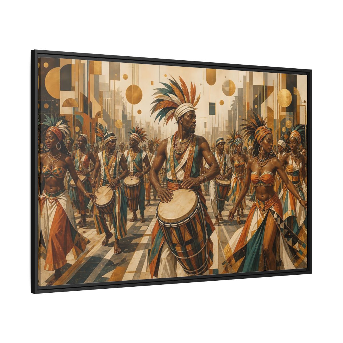 Side Mockup 12. Golden Carnival Drum Parade shown as framed canvas print