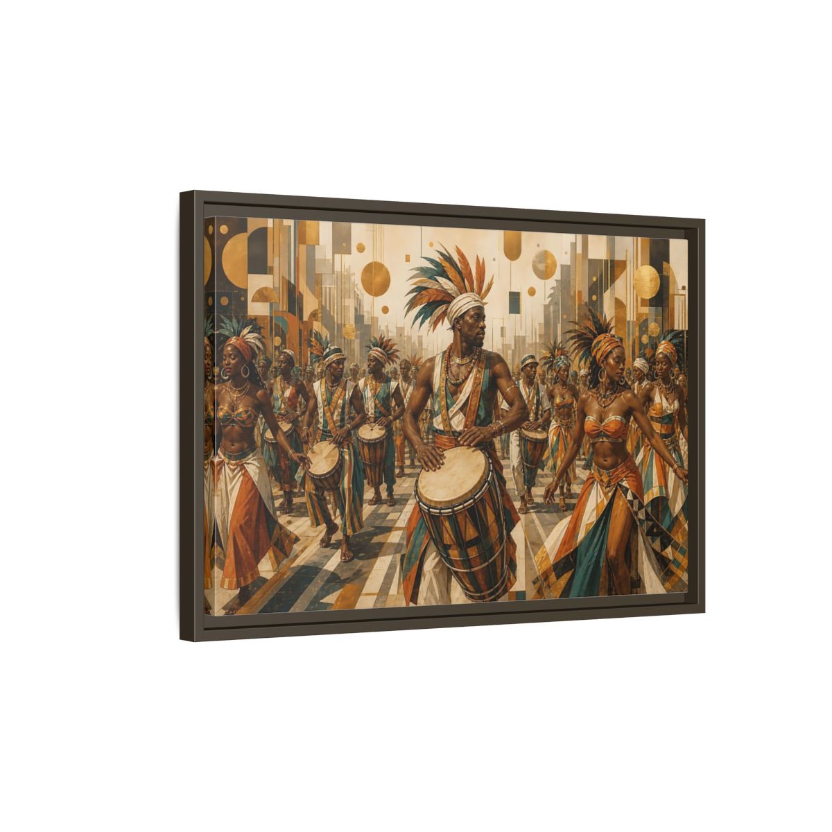 Side Mockup 2. Golden Carnival Drum Parade shown as framed canvas print