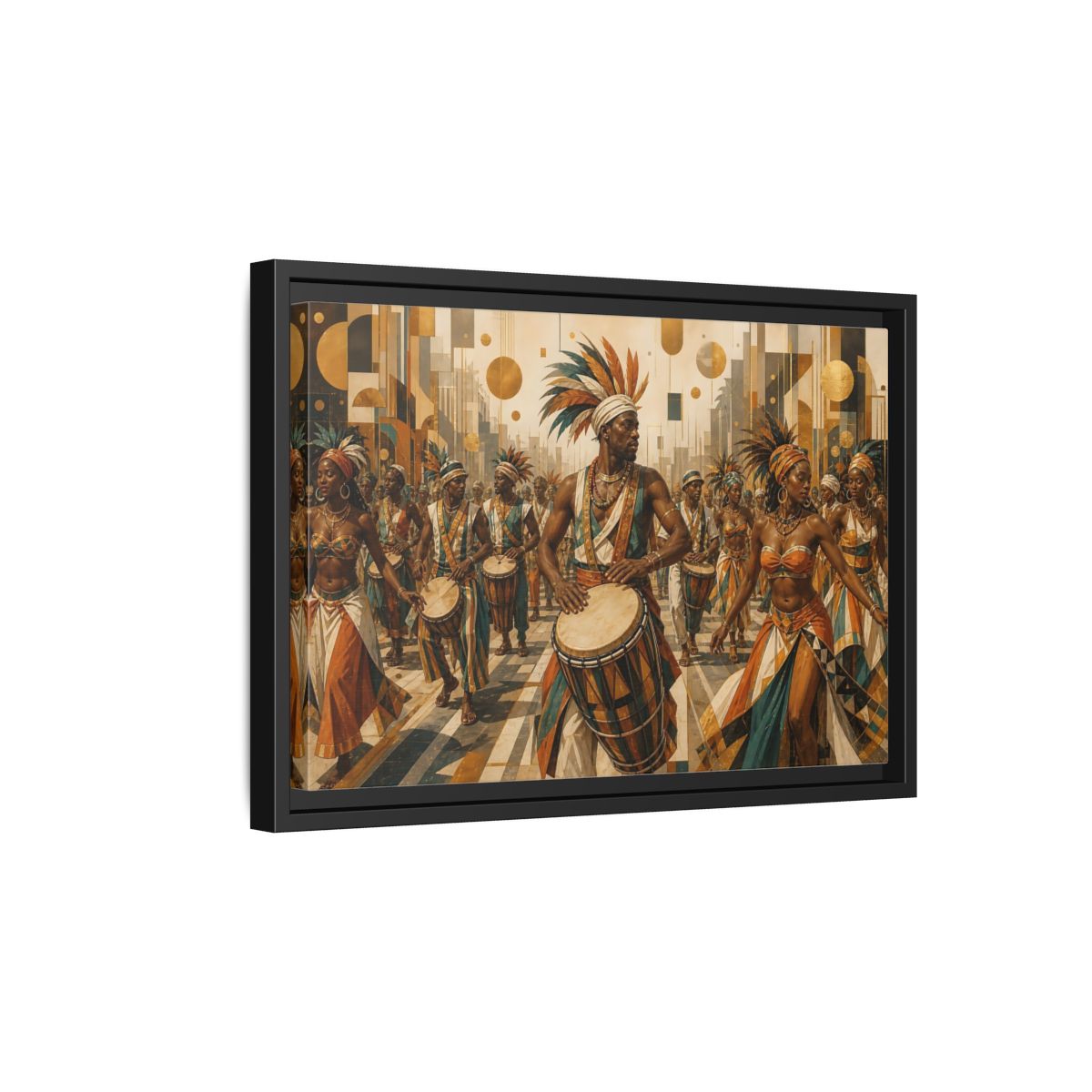 Side Mockup 6. Golden Carnival Drum Parade shown as framed canvas print