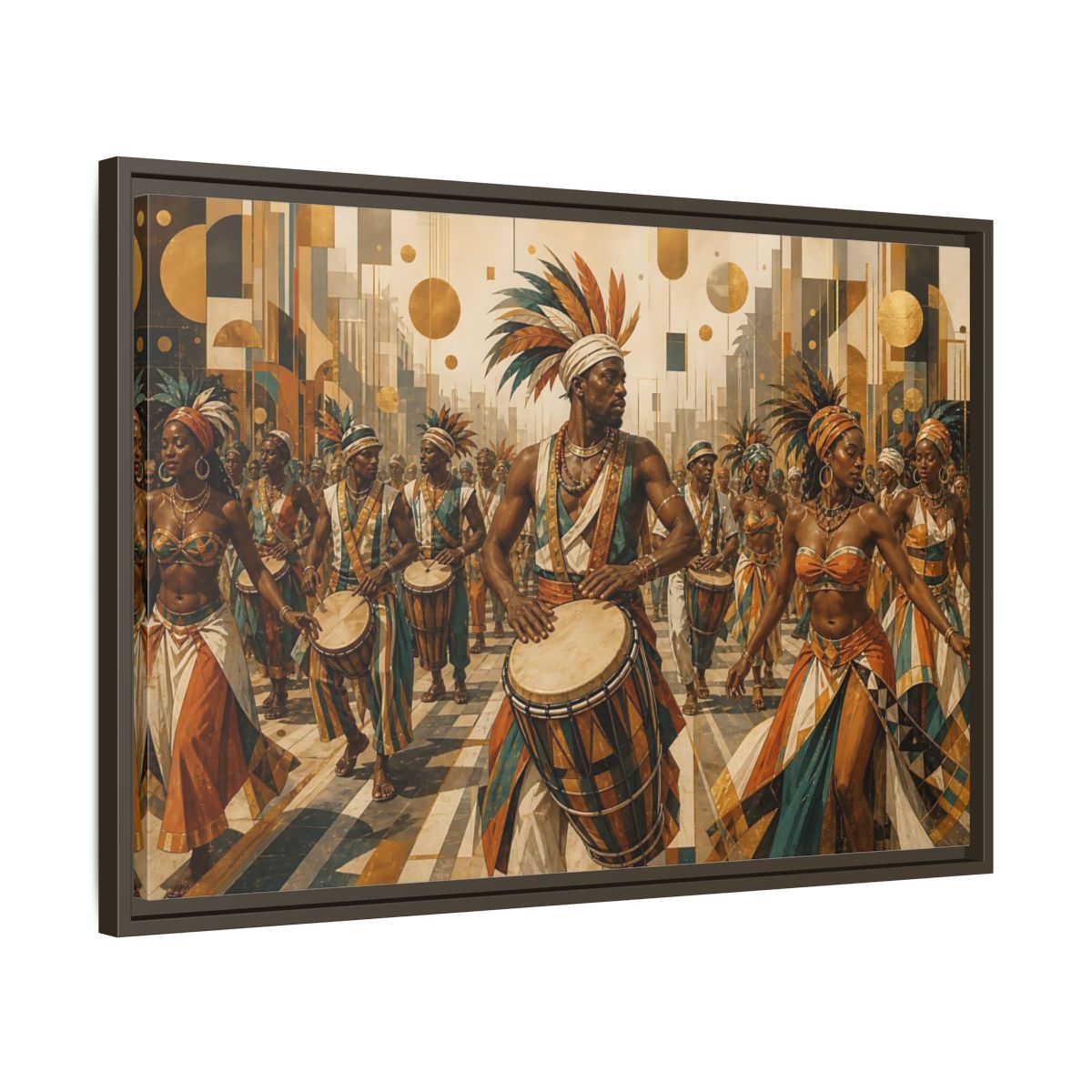Side Mockup 11. Golden Carnival Drum Parade shown as framed canvas print