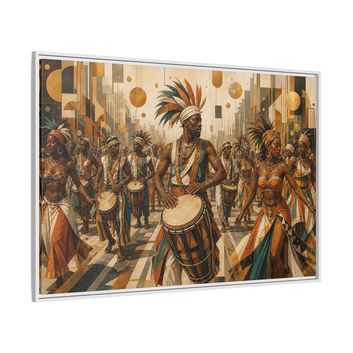 Side Mockup 7. Golden Carnival Drum Parade shown as framed canvas print