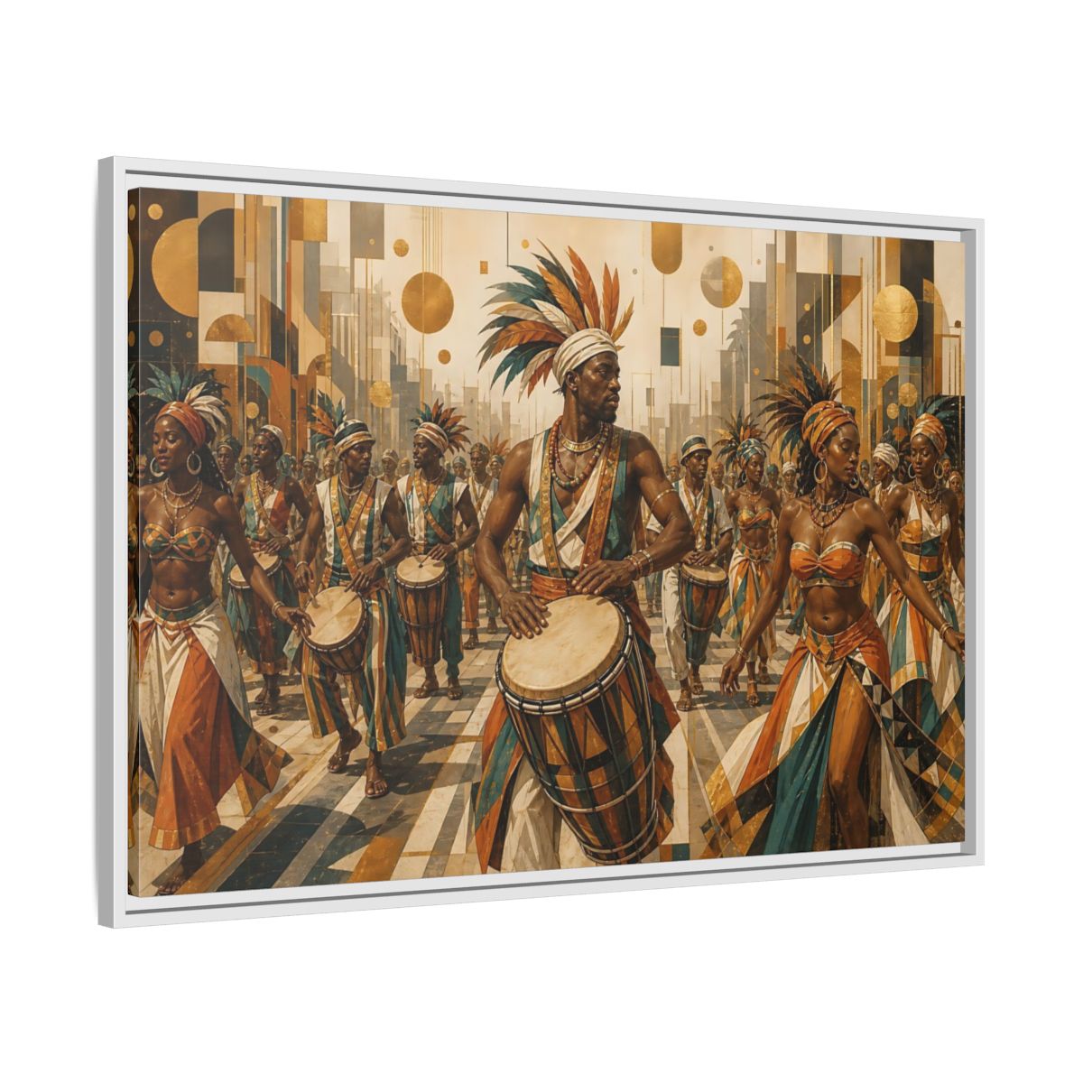 Side Mockup 9. Golden Carnival Drum Parade shown as framed canvas print