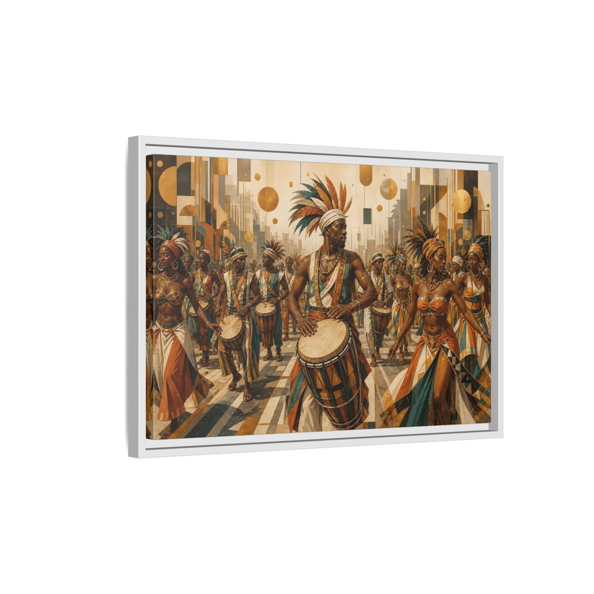 Side Mockup 1. Golden Carnival Drum Parade shown as framed canvas print