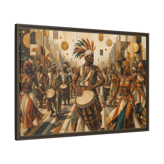 Main Mockup. Golden Carnival Drum Parade shown as framed canvas print