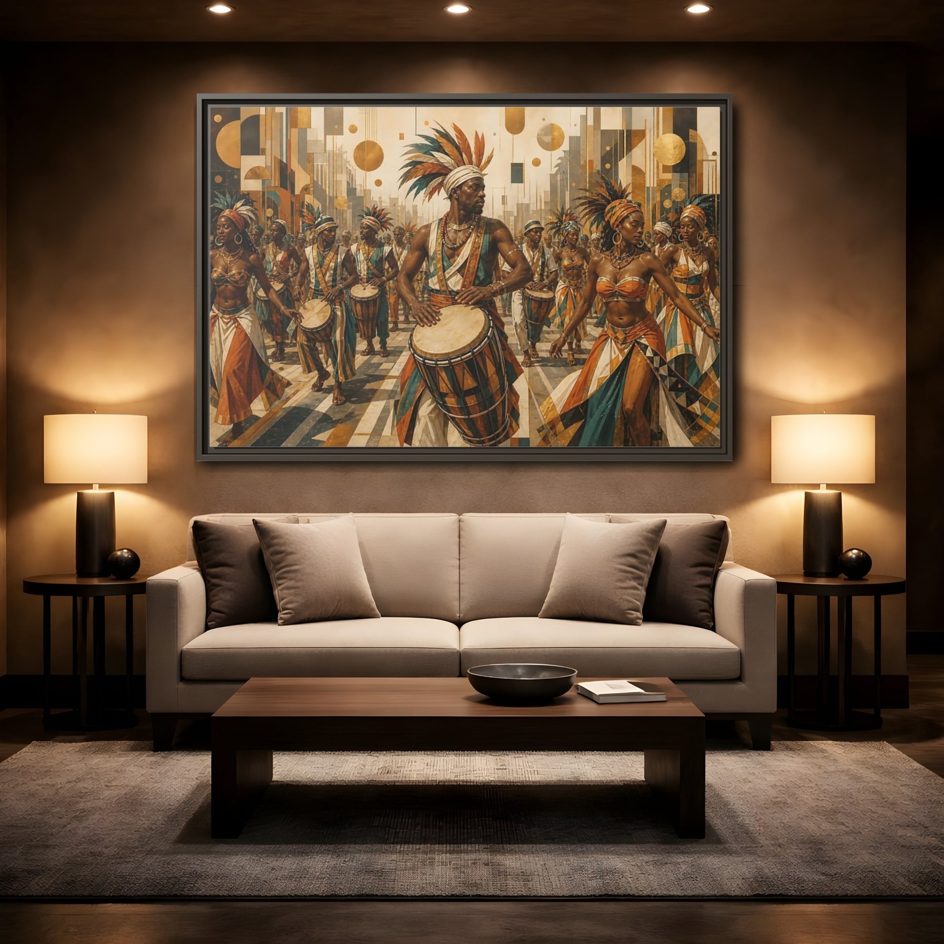 Mockup 2. Golden Carnival Drum Parade shown as framed canvas print