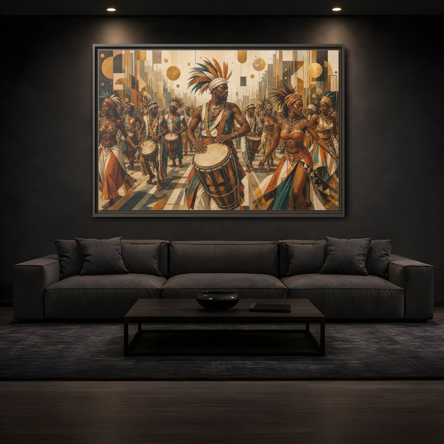 Mockup 3. Golden Carnival Drum Parade shown as framed canvas print