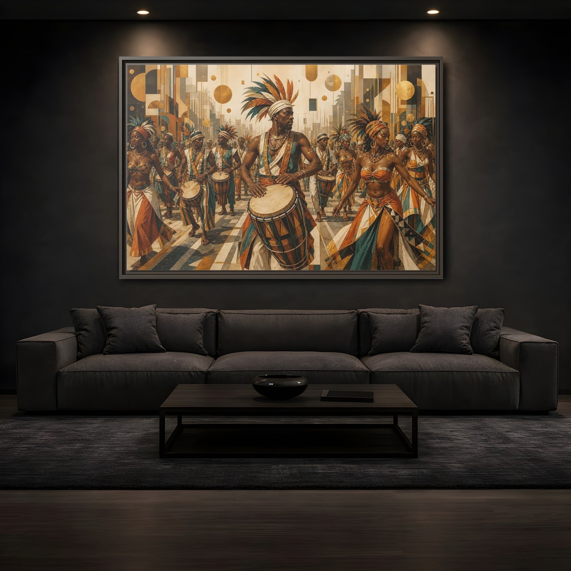 Mockup 3. Golden Carnival Drum Parade shown as framed canvas print