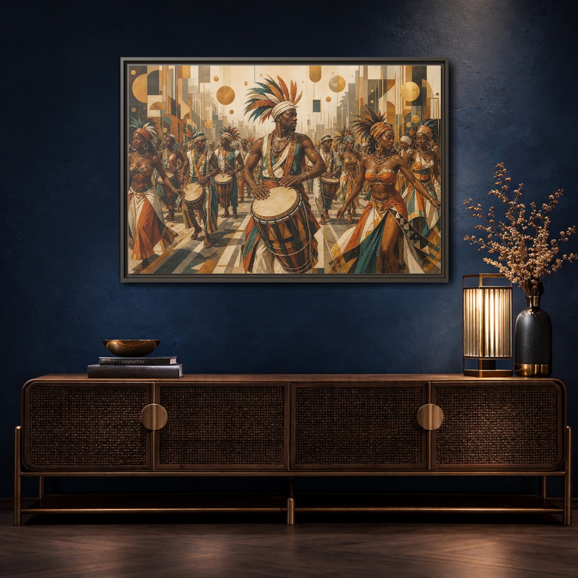 Mockup 4. Golden Carnival Drum Parade shown as framed canvas print