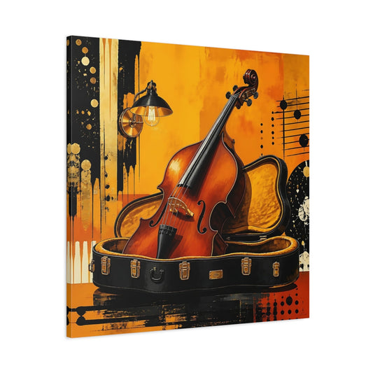 Main Mockup. Golden Cello In Case shown as canvas print