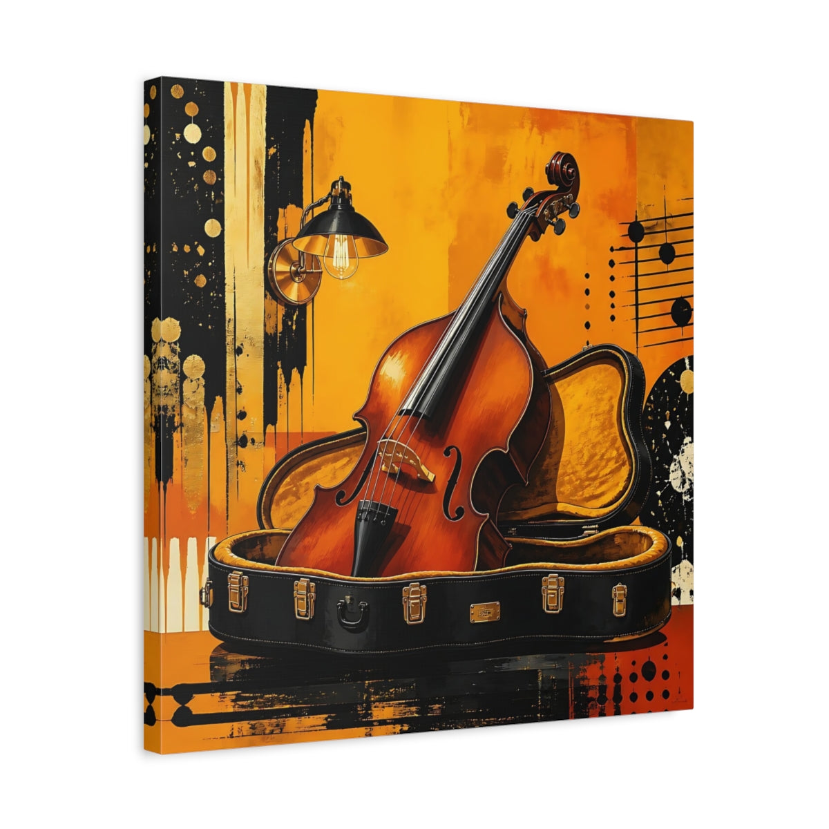 Side Mockup 5. Golden Cello In Case shown as canvas print