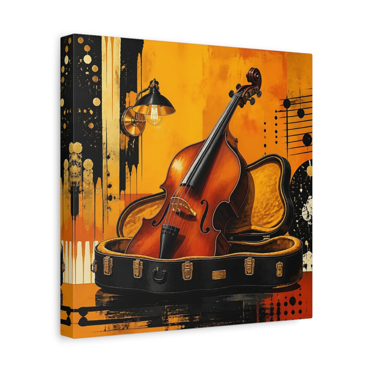 Side Mockup 8. Golden Cello In Case shown as canvas print