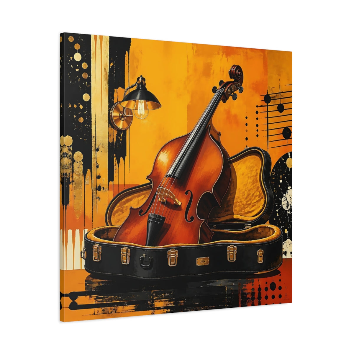 Side Mockup 1. Golden Cello In Case shown as canvas print