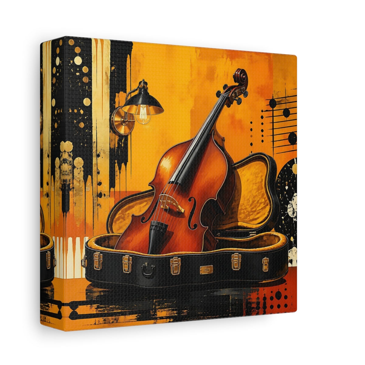Side Mockup 2. Golden Cello In Case shown as canvas print