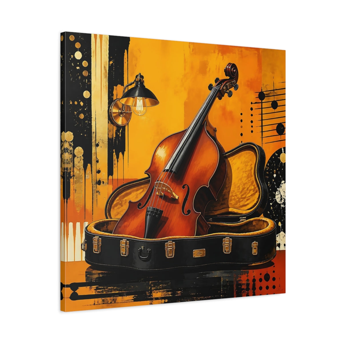 Side Mockup 3. Golden Cello In Case shown as canvas print