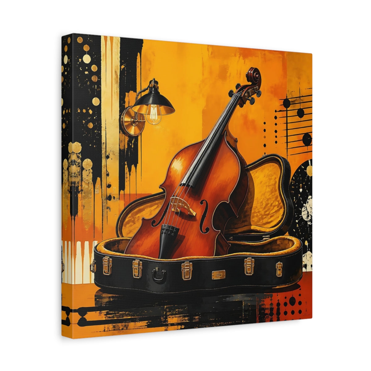 Side Mockup 7. Golden Cello In Case shown as canvas print