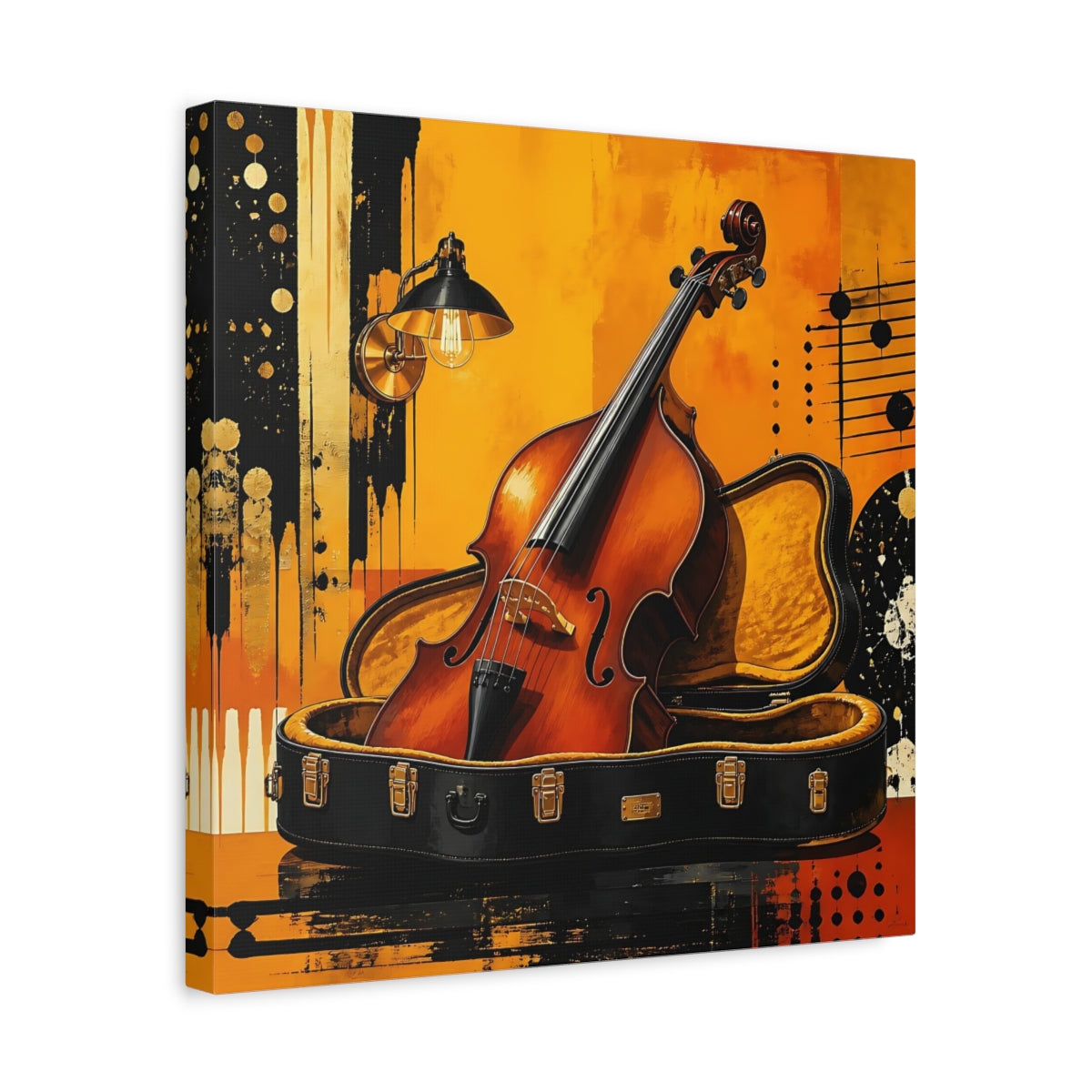 Side Mockup 6. Golden Cello In Case shown as canvas print