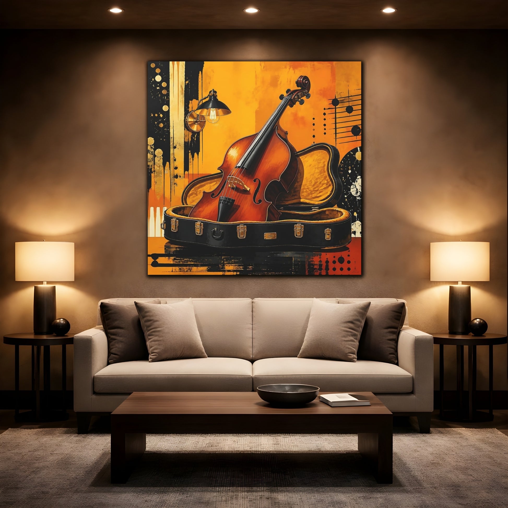Mockup 2. Golden Cello In Case shown as canvas print