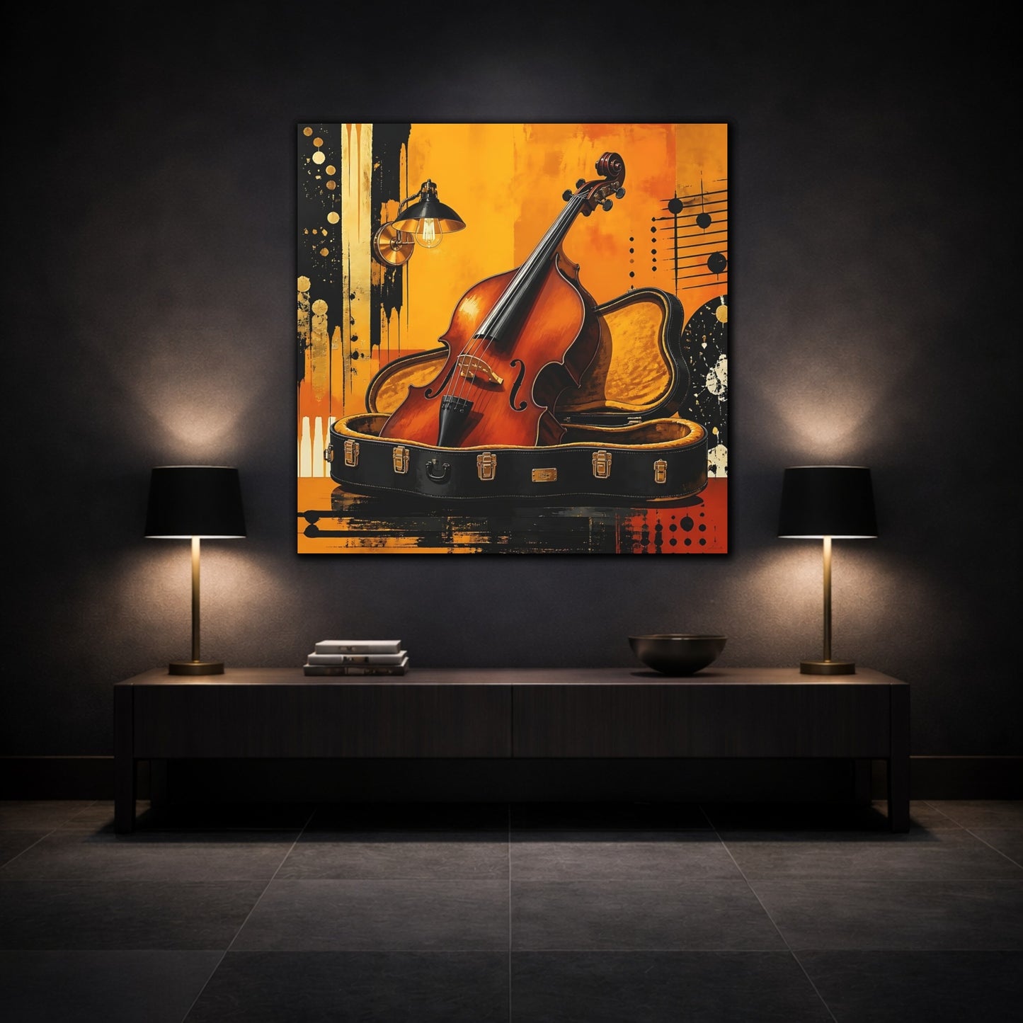Mockup 3. Golden Cello In Case shown as canvas print